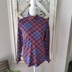 Erika Wine Plaid Mock Neck Tee Dark Academia Preppy Fall Top NWT